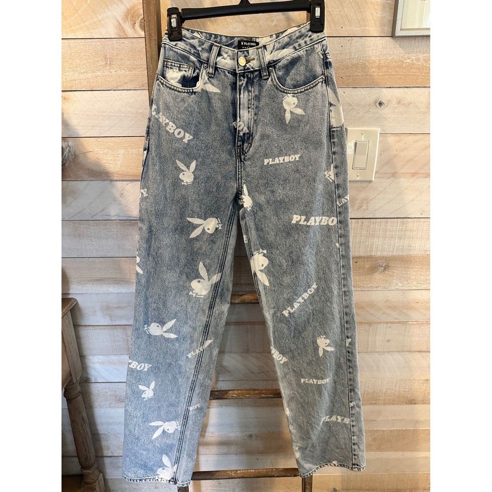 Playboy by PacSun Light Wash All Over Logo Print High Rise Straight Jeans 24
